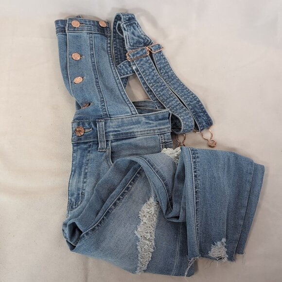 Guess Jeans Lightwash Blue Denim Rose Gold Overalls Distressed Women's 24 Pants - Picture 14 of 14